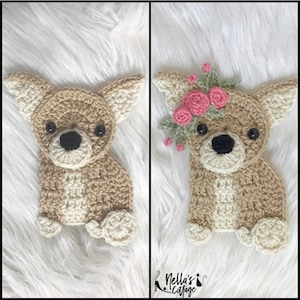 May include: A crocheted chihuahua with brown and white fur, sitting with its paws crossed. The chihuahua is wearing a flower crown with pink and green flowers.