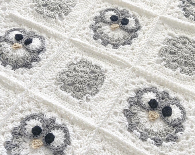 Featured listing image: Crochet Pattern - INSTANT PDF DOWNLOAD - Pattern Only - Crochet - Baby Blanket - Granny Square - Magnolia Owl Blanket - Owl - Nellas Cottage