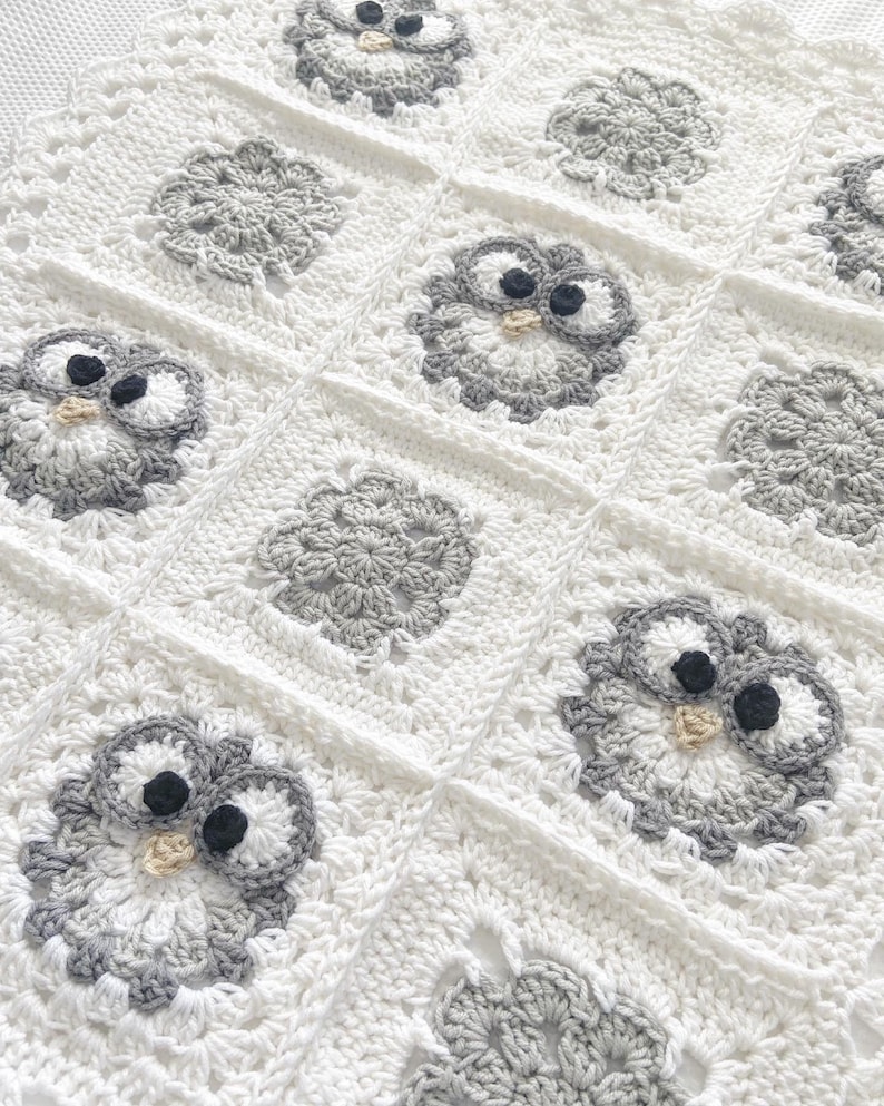 Crochet Pattern INSTANT PDF DOWNLOAD Pattern Only Crochet Baby Blanket Granny Square Magnolia Owl Blanket Owl Nellas Cottage image 1