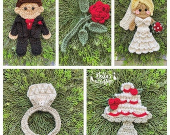 Crochet Pattern - INSTANT PDF DOWNLOAD - Nellas Cottage - I do - Crochet Wedding - Wedding Appliques - Crochet Groom - Bride - Cake - Rings