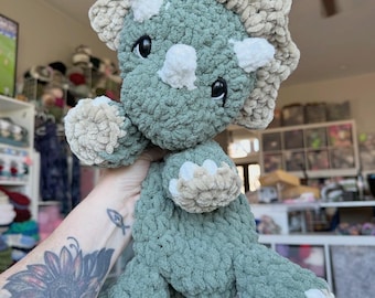 Crocheted Triceratops Plush Snuggler – Soft Chenille Dinosaur Toy