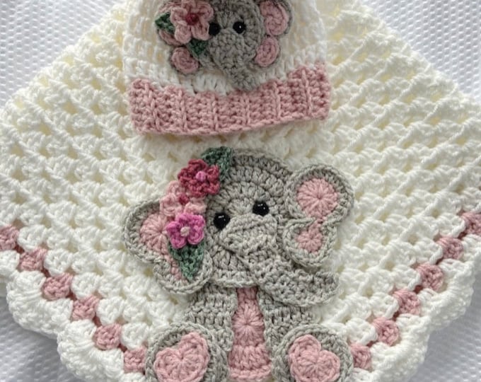 Featured listing image: Crochet Baby Blanket - Baby Blanket - Handmade Baby Blanket - Elephant Baby Blanket - Crocheted Baby Blanket - Baby Elephant