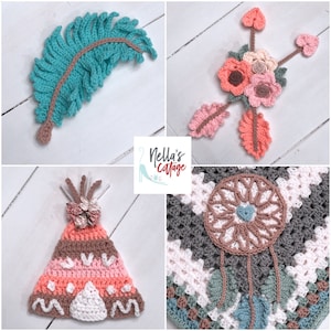 May include: A set of four crocheted items in a boho theme. The set includes a teal feather, a pink and peach flower with arrows, a brown and pink teepee, and a gray and white dreamcatcher.