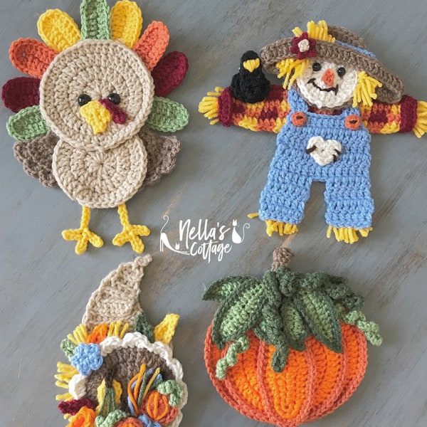 Crochet Pattern - INSTANT PDF DOWNLOAD - Fall Harvest - Crochet Patterns - Fall Crochet Patterns - Scarecrow - Pumpkin - Turkey - Cornucopia