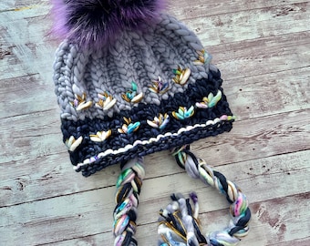 Adult Hand Knit Merino Wool Bonnet, Chunky Knit Winter Hat, Cottagecore Pom Bonnet, Cozy Wool Hat with Removable Pom, Handmade Ready to Ship