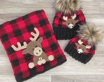 Crochet Baby Blanket - Baby Blanket - Handmade Baby Blanket - Moose Baby Blanket - Crocheted Blanket - Baby Moose - Plaid - Buffalo Plaid