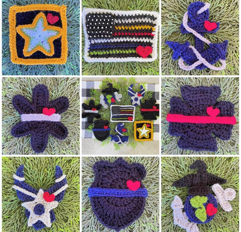 May include: A collection of handmade crochet patches in various shapes, including a star, an American flag, an anchor, and a flower. Each patch features a heart accent and is crafted in shades of blue, black, white, and gold. The patches are displayed on a green surface.