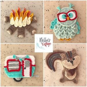 Crochet Applique Pattern – Camping Theme Owl, Chipmunk, Camper (PDF Pattern)