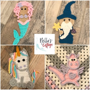 Może przedstawiać: Kolaż z czterema pluszowymi zabawkami amigurumi: syreną z różowymi włosami, czarodziejem w niebieskim kapeluszu i brodą, jednorożcem z tęczową grzywą i różowym smokiem z sercem na piersi. Zabawki są wykonane ręcznie i charakteryzują się jasnymi kolorami i skomplikowanymi detalami.