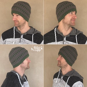 May include: A crocheted beanie hat in a dark green and gray color combination. The hat has a ribbed brim and a textured stitch pattern.