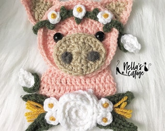 Crochet Pattern - INSTANT PDF DOWNLOAD - Crochet Applique - Applique Pattern - Crochet Pig - Boho Pig - Flower Pig - Nellas Cottage - Pig