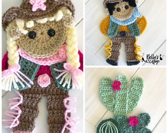 Crochet Pattern - INSTANT PDF DOWNLOAD - Wild Wild West - Crochet Cowboy - Crochet Cactus - Crochet Cowgirl - Cactus Pattern - Appliqués