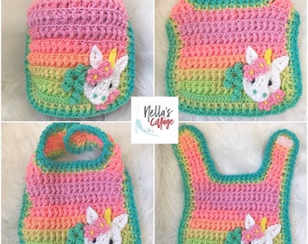 Crochet Pattern - INSTANT DOWNLOAD - Bib - Baby Bib - Crochet Bib Pattern - Bib Pattern - Amara Baby Bib - Nellas Cottage Patterns - Unicorn