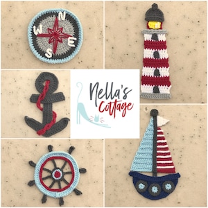May include: Five crocheted nautical themed decorations: a compass, a lighthouse, an anchor, a ship's wheel, and a sailboat. The decorations are all in shades of blue, red, and white.