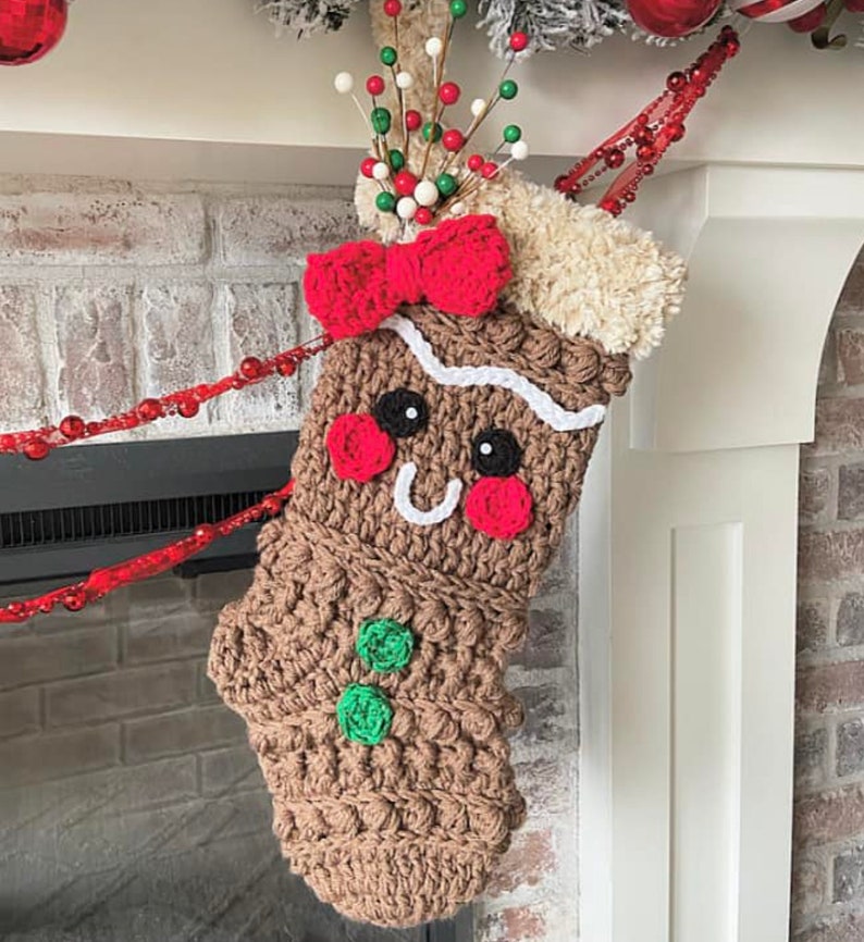 Crochet Pattern INSTANT PDF DOWNLOAD Crochet Stocking Pattern Stocking Christmas Stocking Winter Gingerbread Nellas Cottage image 1