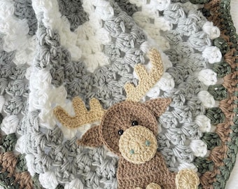 Blanket - Moose Baby Blanket - Crocheted Moose Blanket - Baby Blanket - Moose Blanket - Crocheted Baby Blanket - Woodland Animals