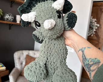 Crochet Dinosaur Plushie - Stuffed Animals - Nellas Cottage - Dinosaur Toy - Baby Dinosaur - Triceratops Snuggler - Crochet - Dino Snuggler