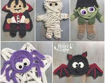 Crochet Pattern - INSTANT PDF DOWNLOAD - Halloween Patterns - Crochet Halloween - Dracula - Frankenstein - Bat - Mummy - Spider