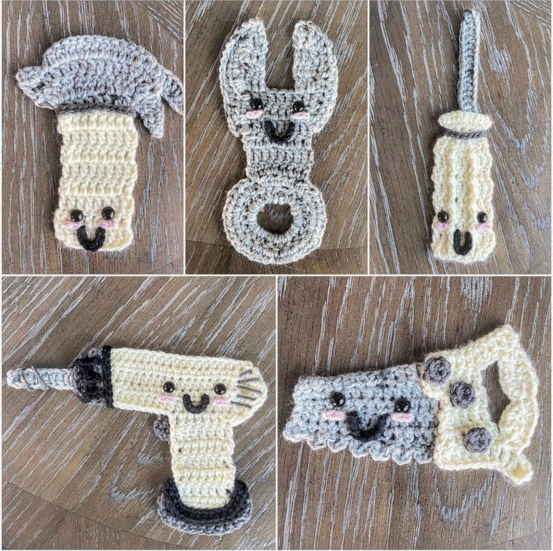 May include: Five crocheted toy tools with smiling faces. The tools are a hammer, wrench, screwdriver, drill, and saw. The tools are all beige and gray.