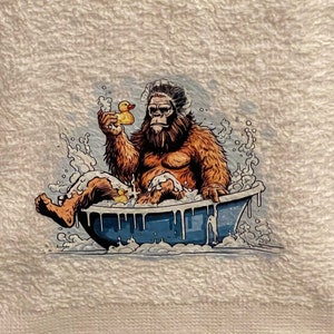 Bathing Bigfoot and rubber ducky wash rag, hand towel, bath towel set or individual - bathroom decor