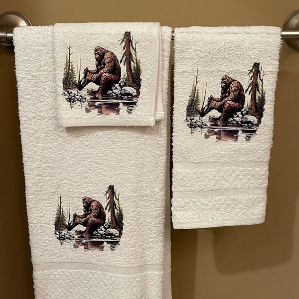 Bathing Bigfoot wash rag, hand towel, bath towel set or individual - bathroom decor - WHITE - choose standard or premium