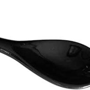 May include: A black ceramic spoon with a rounded bowl and a small hole in the handle.