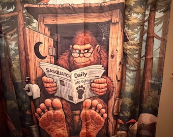Bigfoot Shower Curtain – Sasquatch Bathroom Decor | Bigfoot Bathing in Stream, Cryptid Shower Curtain, Funny Wilderness Gift, Cabin Bathroom