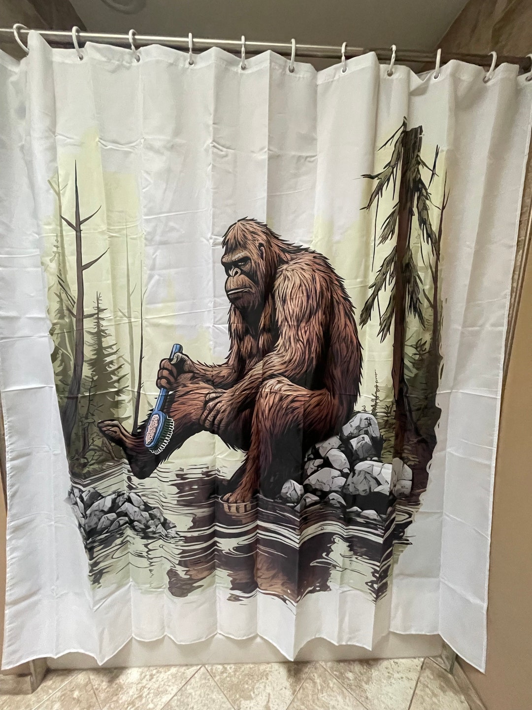 Bigfoot Shower Curtain – Sasquatch Bathroom Decor | Bigfoot Bathing in ...