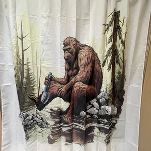 Bigfoot shower curtain - Sasquatch bathing in stream