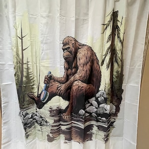 Bigfoot shower curtain - Sasquatch bathing in stream