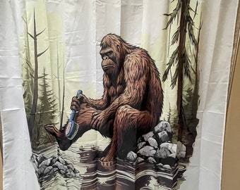 Bigfoot shower curtain - Sasquatch bathing in stream