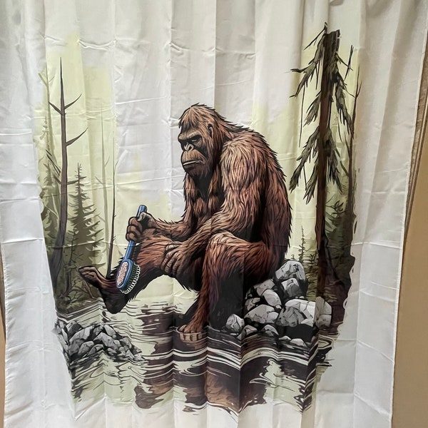 Bigfoot Shower Curtain – Sasquatch Bathroom Decor | Bigfoot Bathing in Stream, Cryptid Shower Curtain, Funny Wilderness Gift, Cabin Bathroom