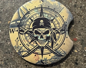Pirate Compass Car Coasters - Flexible Neoprene Cup Holder (Pair)
