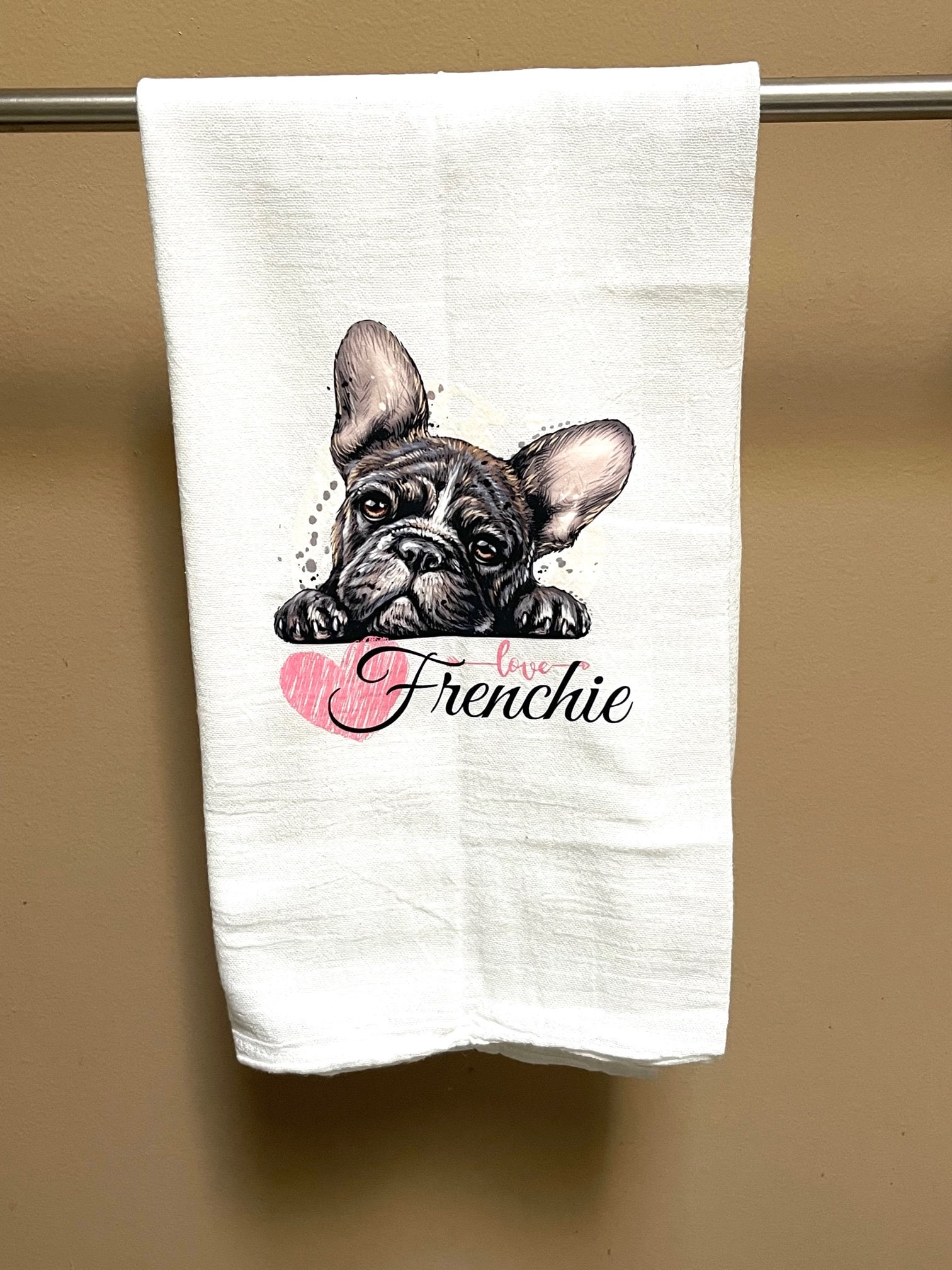 Custom designer kitchen dish towels, Bigfoot, Frenchie