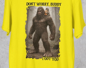 Bigfoot & little buddy monkey friend t-shirt Don't worry buddy - I got you (yellow)