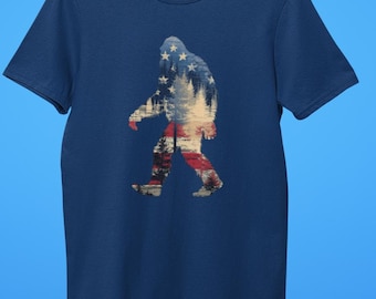 Patriotic red white & blue Bigfoot silhouette t-shirt (navy blue)
