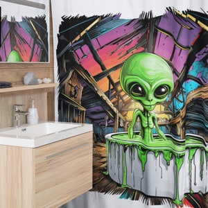Alien shower curtain - bathing in an old barn