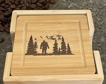 Ecofriendly Bamboo Bigfoot drink coasters and holder