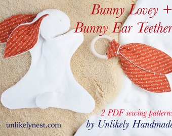 2 PDF Anleitungen: Bunny Lovey + Bunny Ear Beißring | Sicherheitsdecke | Baby Spielzeug | Einfaches Schnittmuster | Öko Spielzeug | Beißring aus Holz | Neugeborenen Set