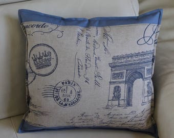 Housse de coussin PARIS  en beige et bleu orage au dos. Vendue à l'unité