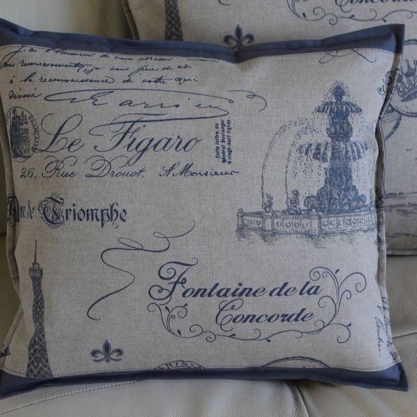 Housse de coussin PARIS en beige et gris au dos. Vendue à l'unité