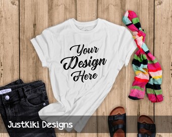 Download T Shirt Mockup Flat Lay Shirt Feminine T Shirt Mockup Mock Up Wood Background White Tshirt Jeans Striped Scarf Free Psd Mockups Apparel And Photography