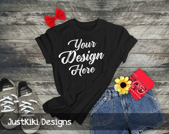 Download Free Tshirt mockup - flat lay shirt - black t shirt mockup - RUSTIC WOOD BACKGROUND, black tshirt, jean shorts, red bandana, sunflower PSD Template
