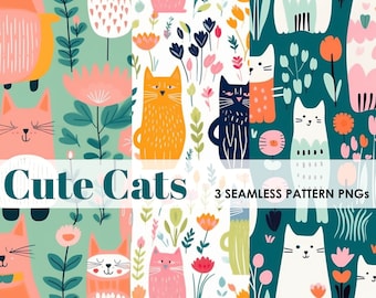 May include: Three seamless digital patterns featuring cute cats with floral designs. The patterns are in green, blue, and white backgrounds with pink, orange, and yellow flowers.