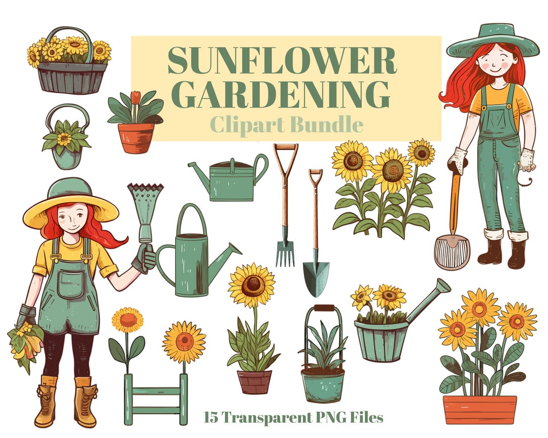 Sunflower Gardening Clipart PNG Bundle Summer Garden Clip Etsy