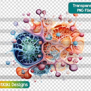 May include: Abstract digital art print featuring a colorful, organic, and textured design with a blue, green, orange, and pink color scheme. The design resembles a cluster of cells or a biological organism.