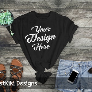 Mockup - Flat lay shirt - Black T-shirt mock up - womans t shirt mockup - RUSTIC WOOD BACKGROUND, black tshirt, jean shorts, sandals, plant