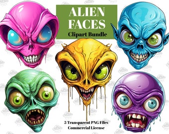 Creepy Alien Faces Clipart: Extraterrestrial PNG Bundle (Digital Download)
