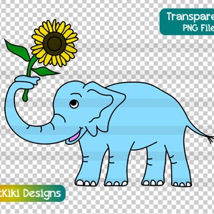 Cute Elephant With Sunflower Clip Art, Baby Nursery Art Digitized PNG, Kids Animal Digital Download Sublimation File, Commercial License