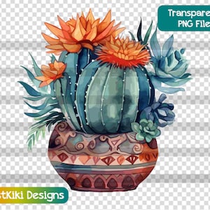 Bloeiende succulente premade clipart, Mexicaanse bloempotten, Cactus PNG, sublimatie afdrukken, plant minnaar cadeau, transparant digitaal bestand